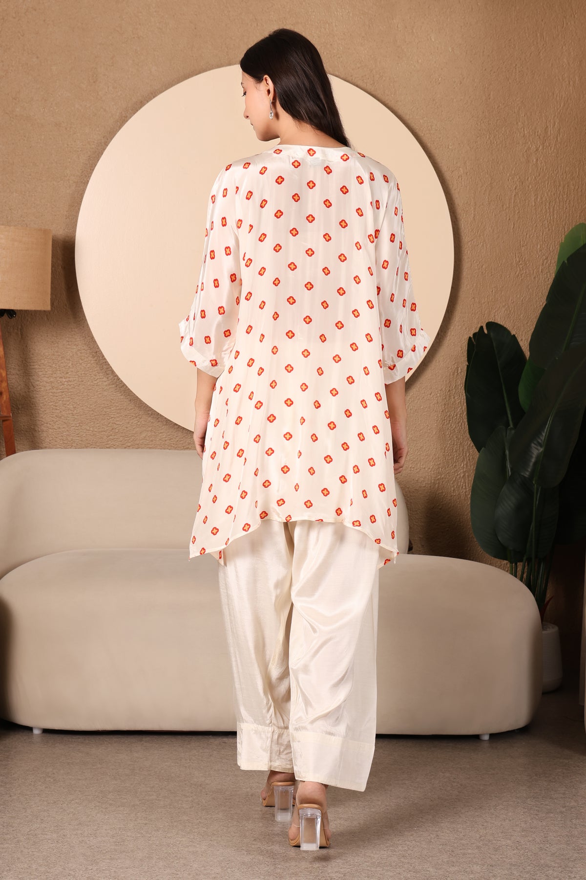 Ivory Bandhni Printed Pure Crepe Kurta with Farsi Salwar
