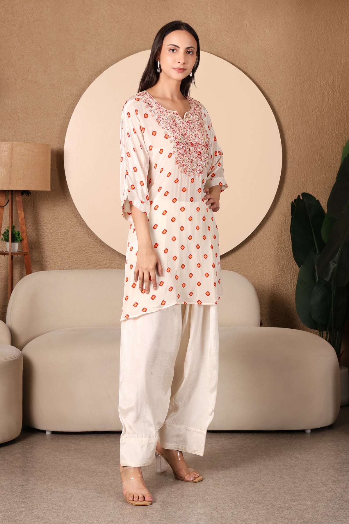 Ivory Bandhni Printed Pure Crepe Kurta with Farsi Salwar