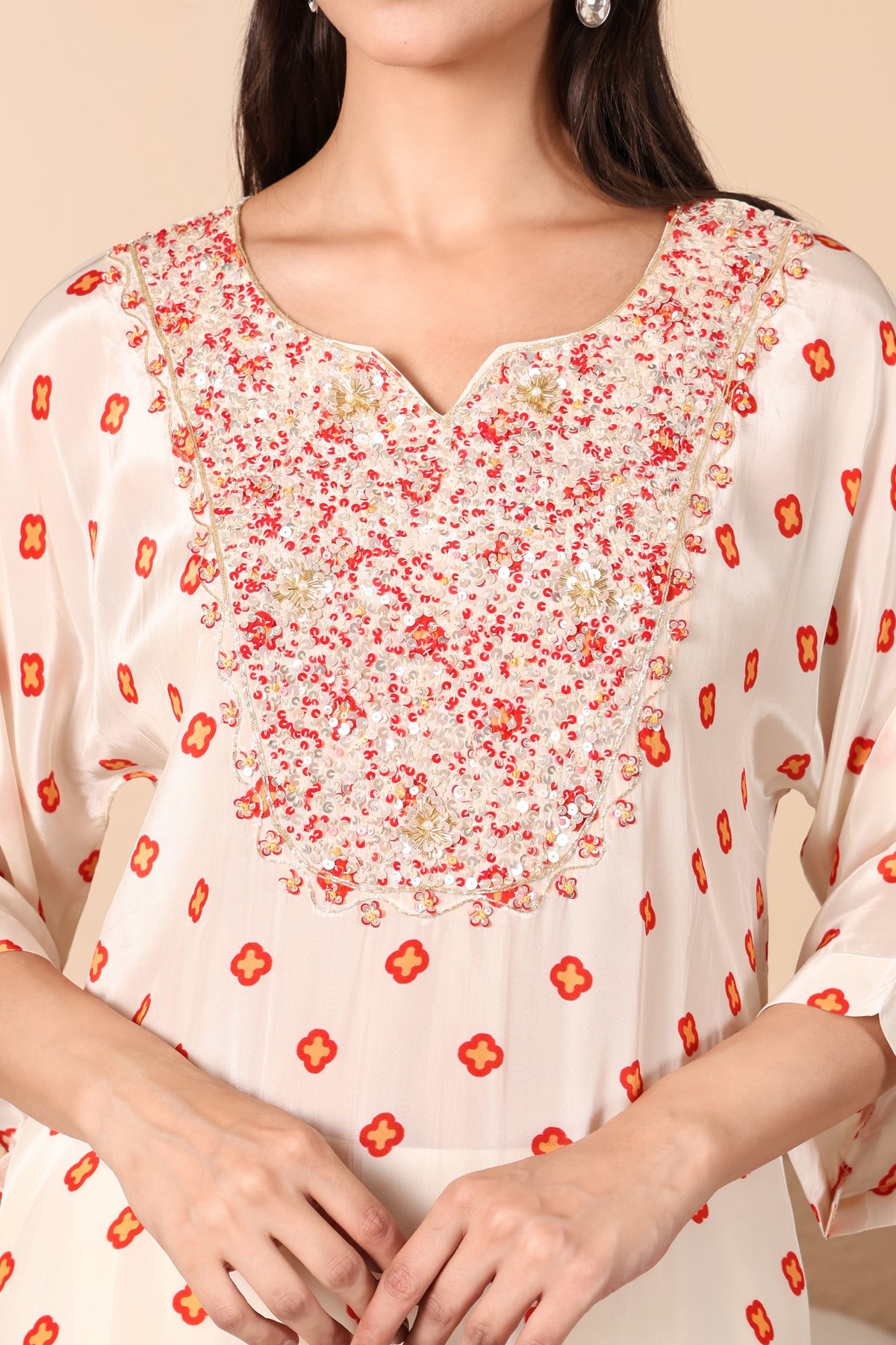 Ivory Bandhni Printed Pure Crepe Kurta with Farsi Salwar